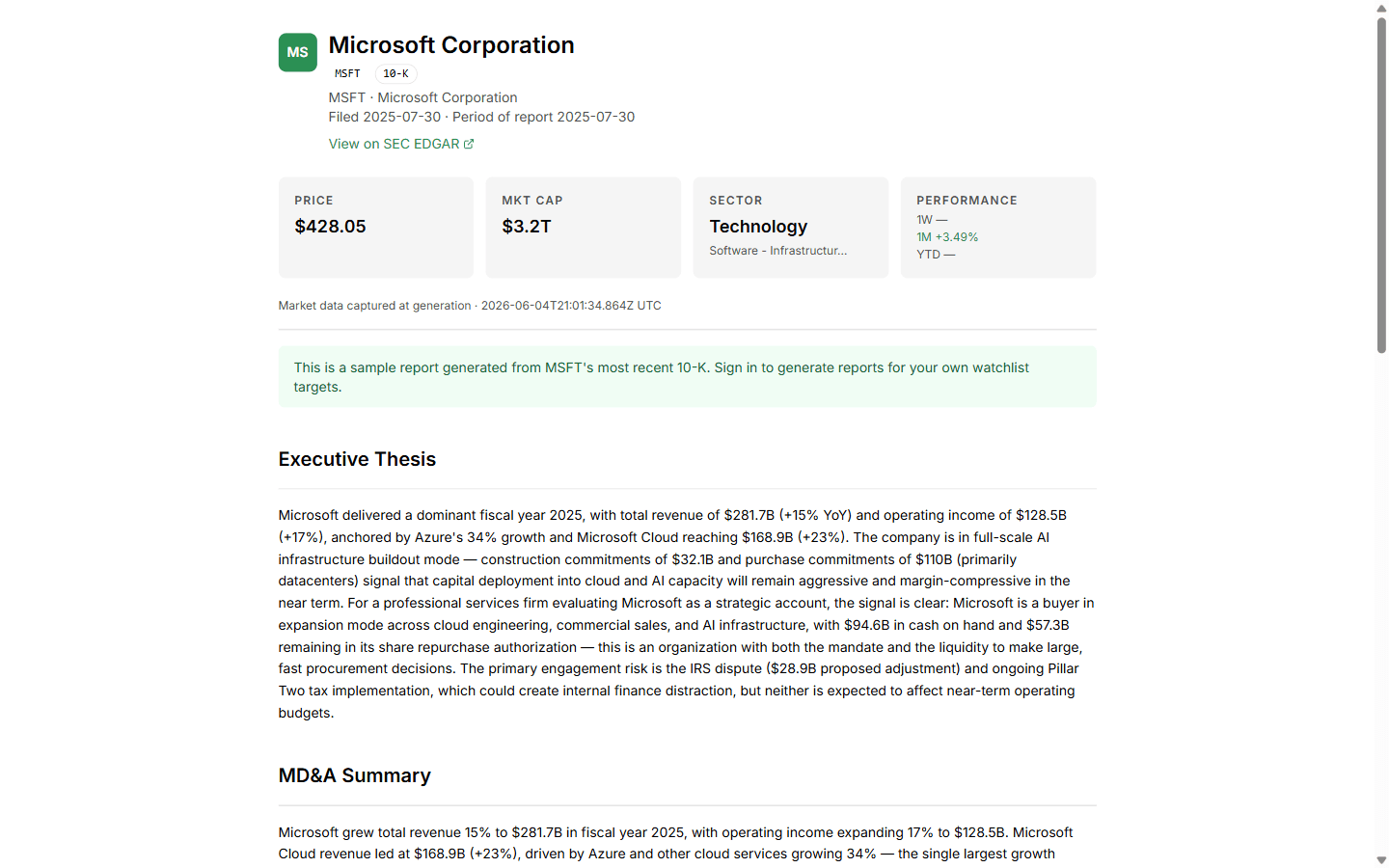 A live Alphasizer report on Microsoft's latest 10-K, showing the company header, market metrics, and the executive thesis