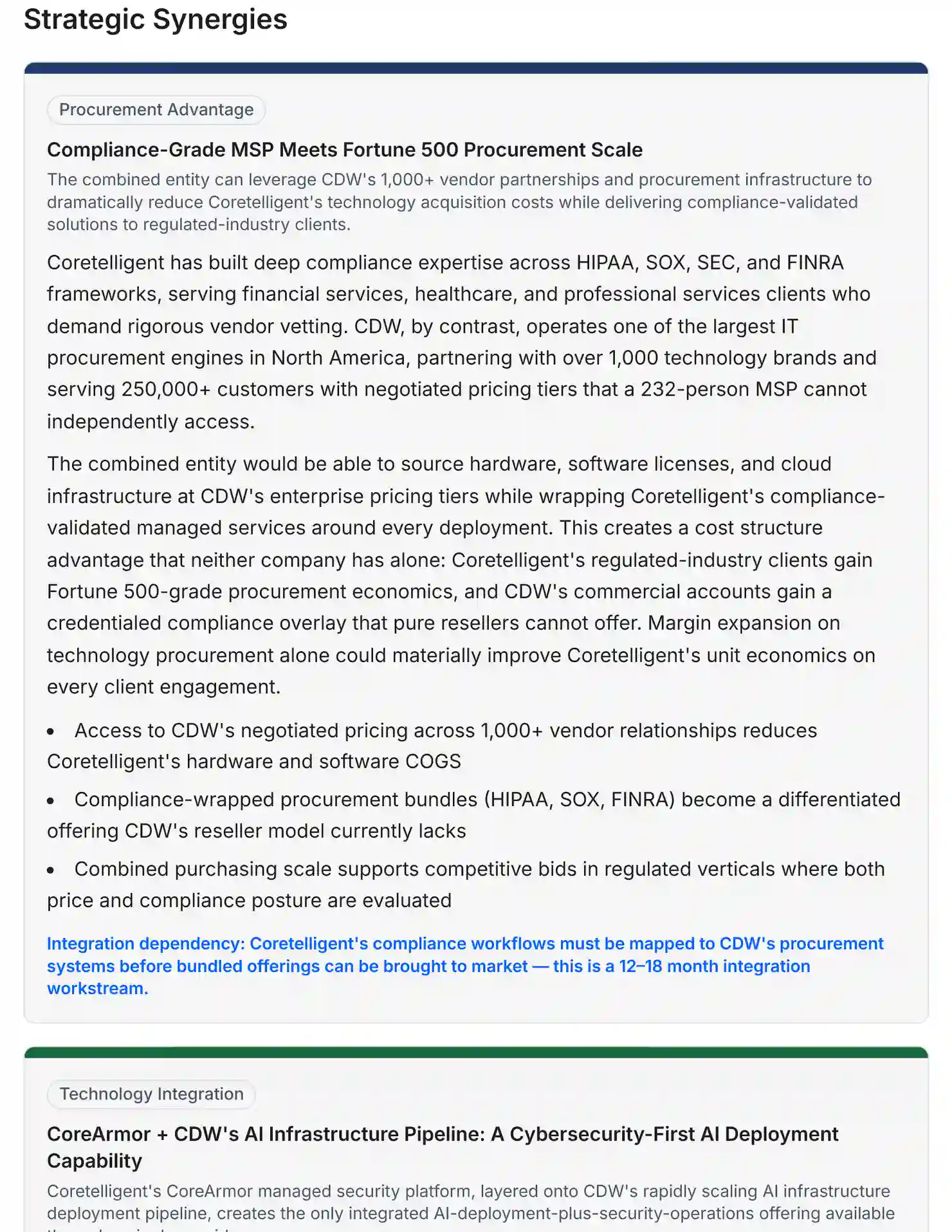 Strategic Synergies section analyzing target and acquirer fit against the deal thesis