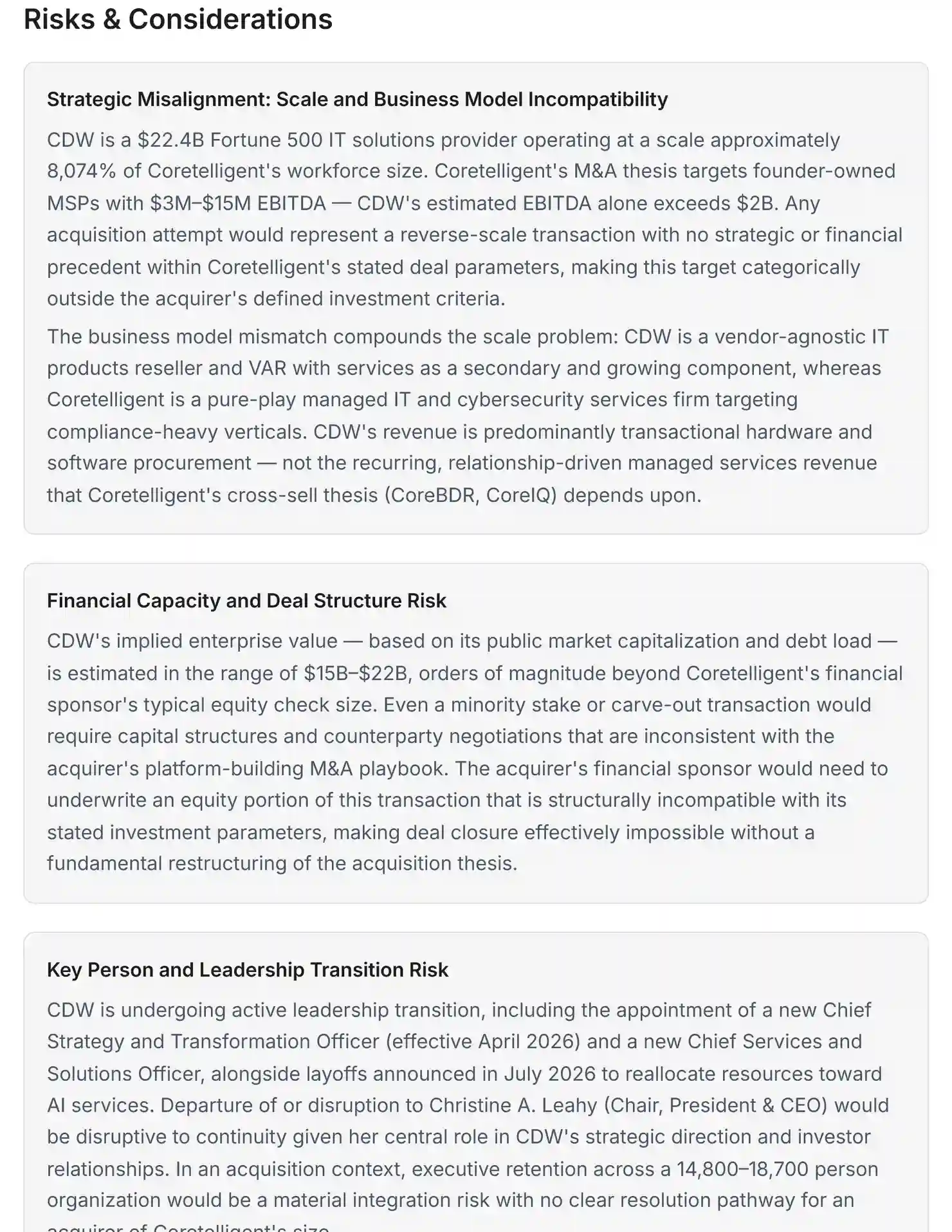 Risks section flagging integration, market, and execution risks before diligence